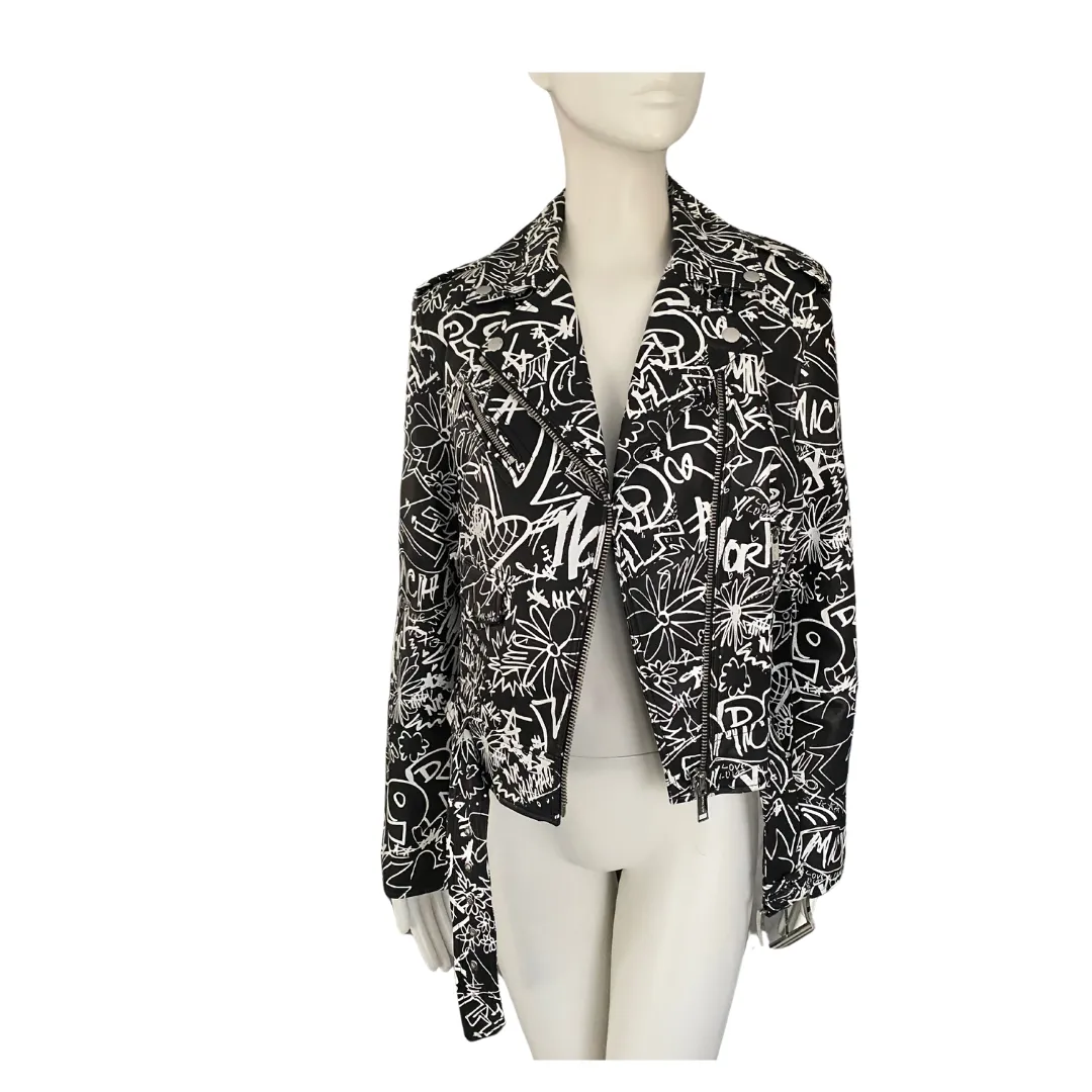 MICHAEL KORS Graffiti Leather Biker Jacket Black White SIZE L