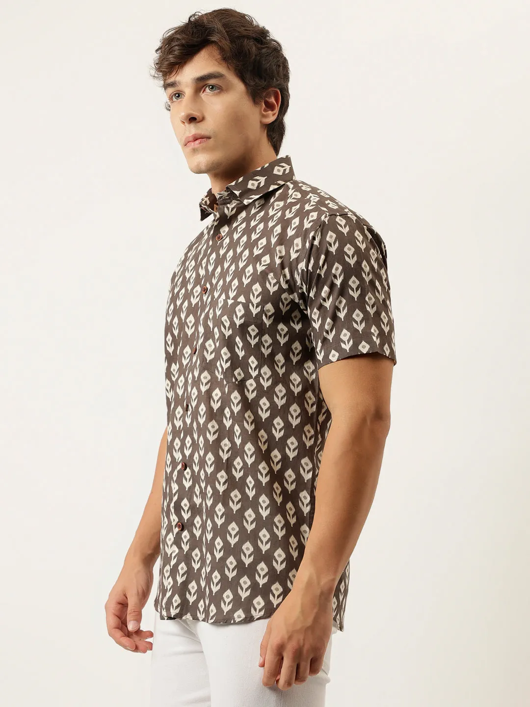 Millennial Men Brown Printed Cotton Half Sleeve Shirts