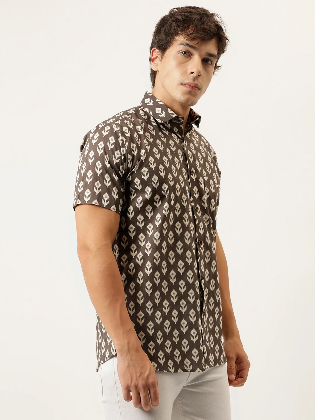 Millennial Men Brown Printed Cotton Half Sleeve Shirts