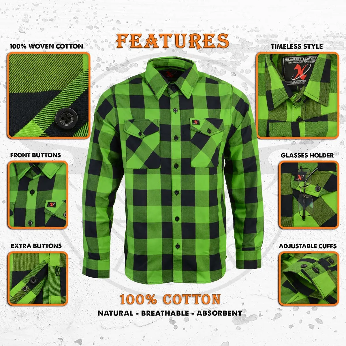 Milwaukee Leather MNG11656 Men's Flannel Plaid Black and Neon-Green Long Sleeve Cotton Button Down Shirt