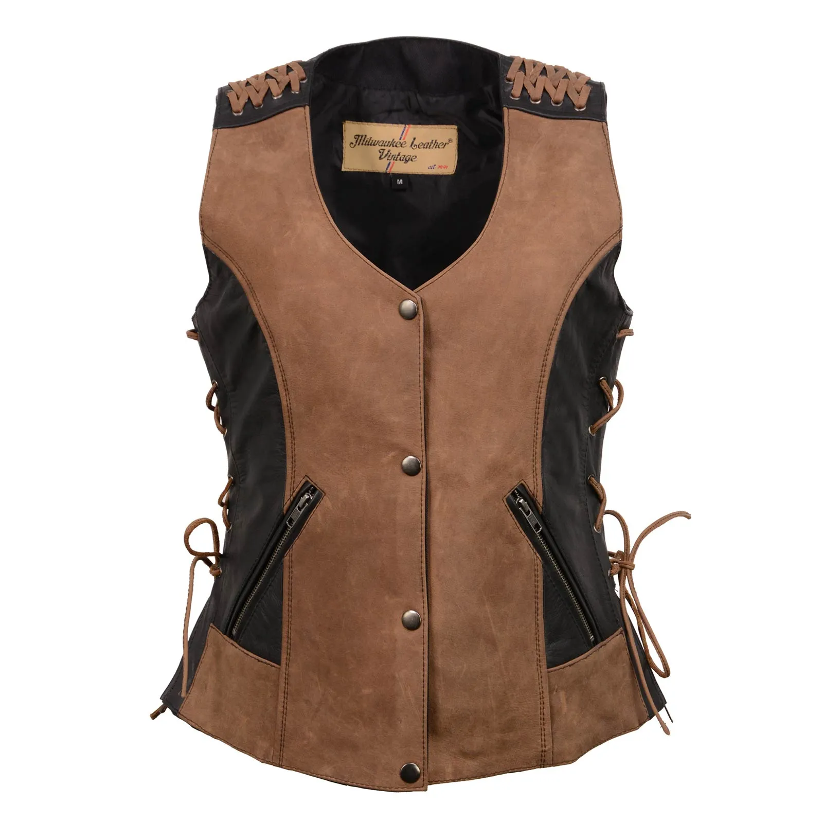 Milwaukee Leather Women's Smoocher Vintage Two Tone Crazy Horse Brown and Black Leather Club Style Motorcycle Vest MLL4509