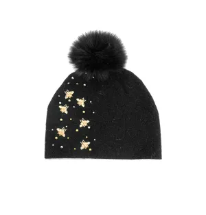 Mitchie's | Knitted Hat with Bees and Beeds and Fox Fur Pom