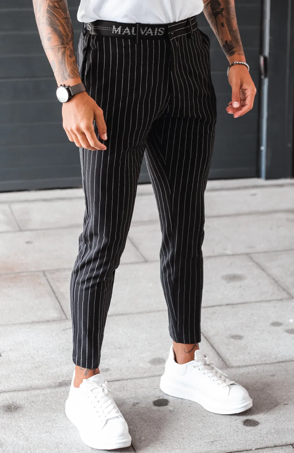 Pinstripe Pants with Half Belt in Black