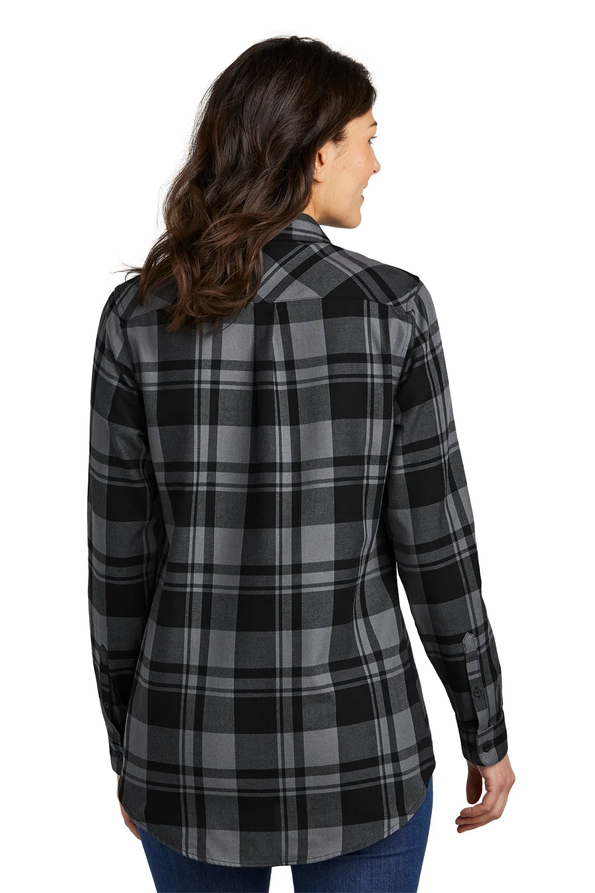 Port Authority Ladies Plaid Flannel Branded Tunics, Grey/ Black