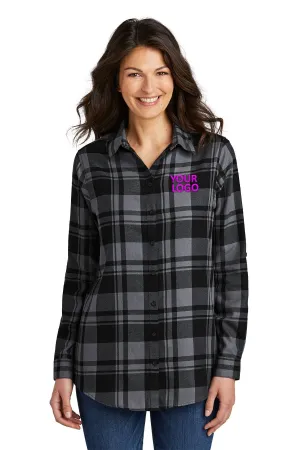 Port Authority Ladies Plaid Flannel Branded Tunics, Grey/ Black