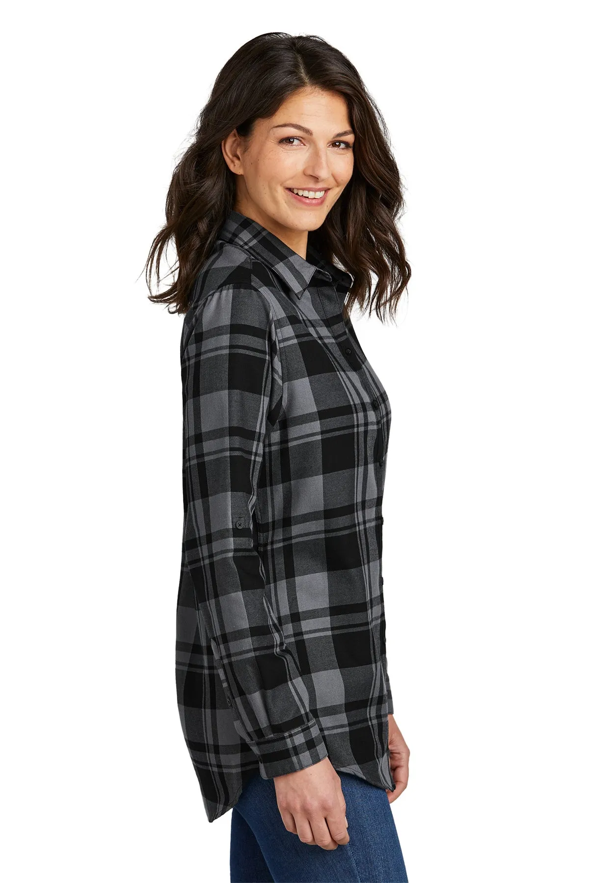 Port Authority Ladies Plaid Flannel Branded Tunics, Grey/ Black