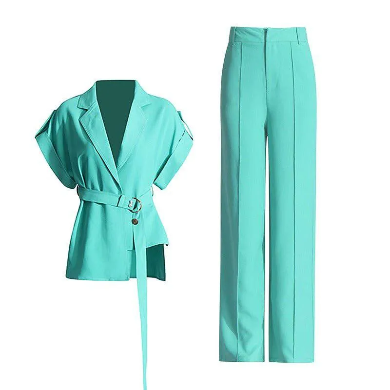 Pree V-neck tie up waist slimming top high waisted wide leg pants two-piece set