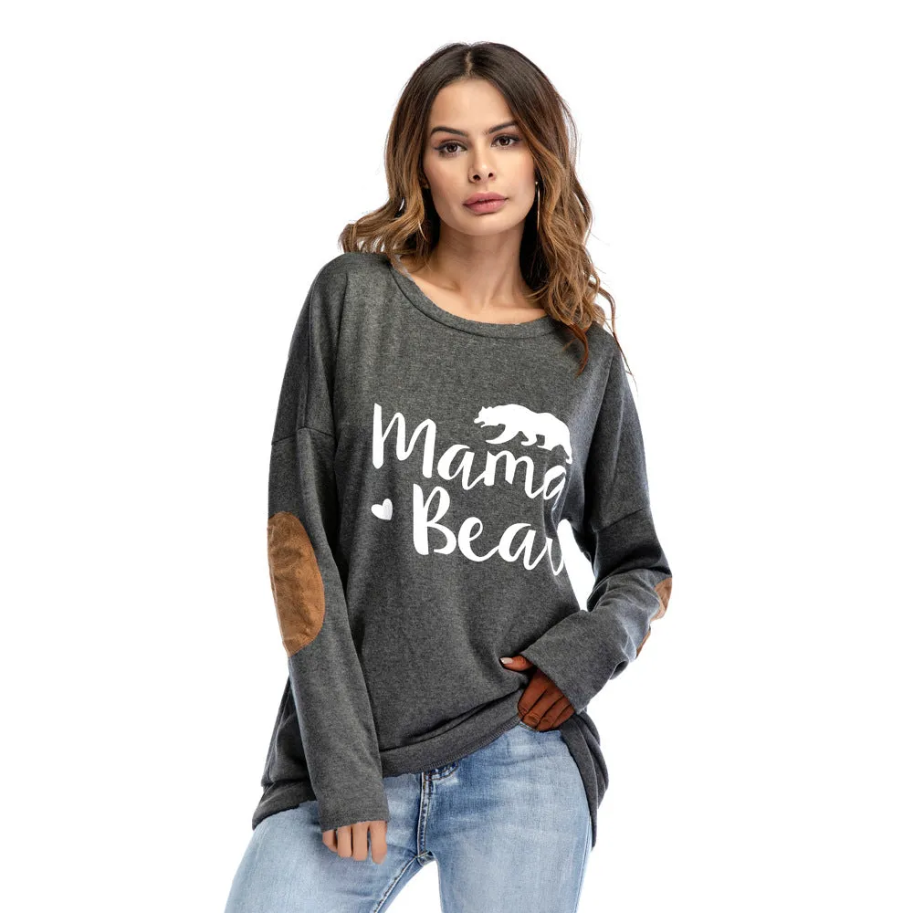 Printed Round Neck Batwing Long Sleeve Patch Decorative T-shirt