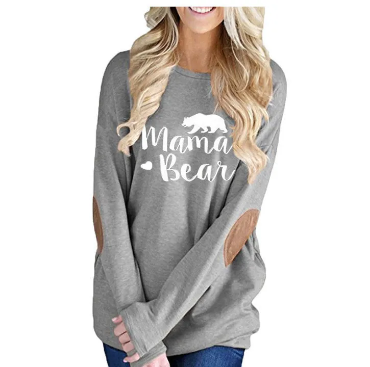 Printed Round Neck Batwing Long Sleeve Patch Decorative T-shirt