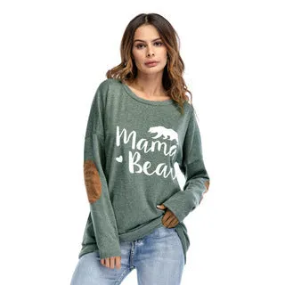 Printed Round Neck Batwing Long Sleeve Patch Decorative T-shirt