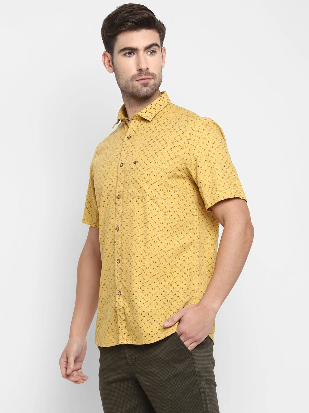 Printed Yellow Slim Fit Casual Shirt