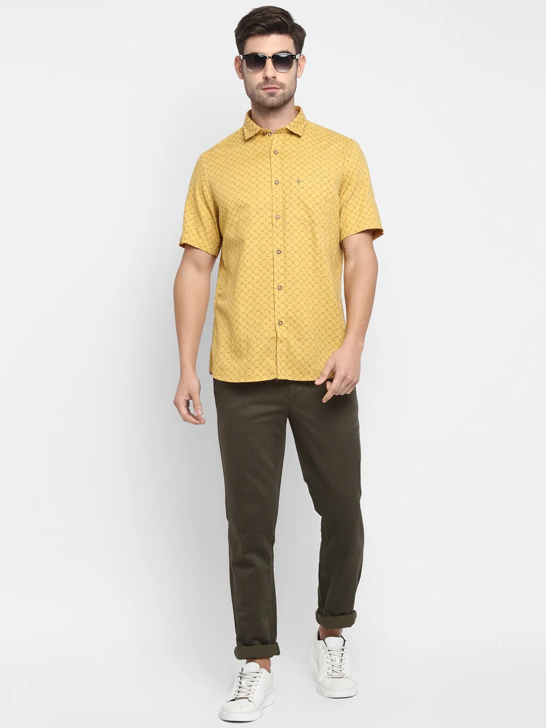 Printed Yellow Slim Fit Casual Shirt