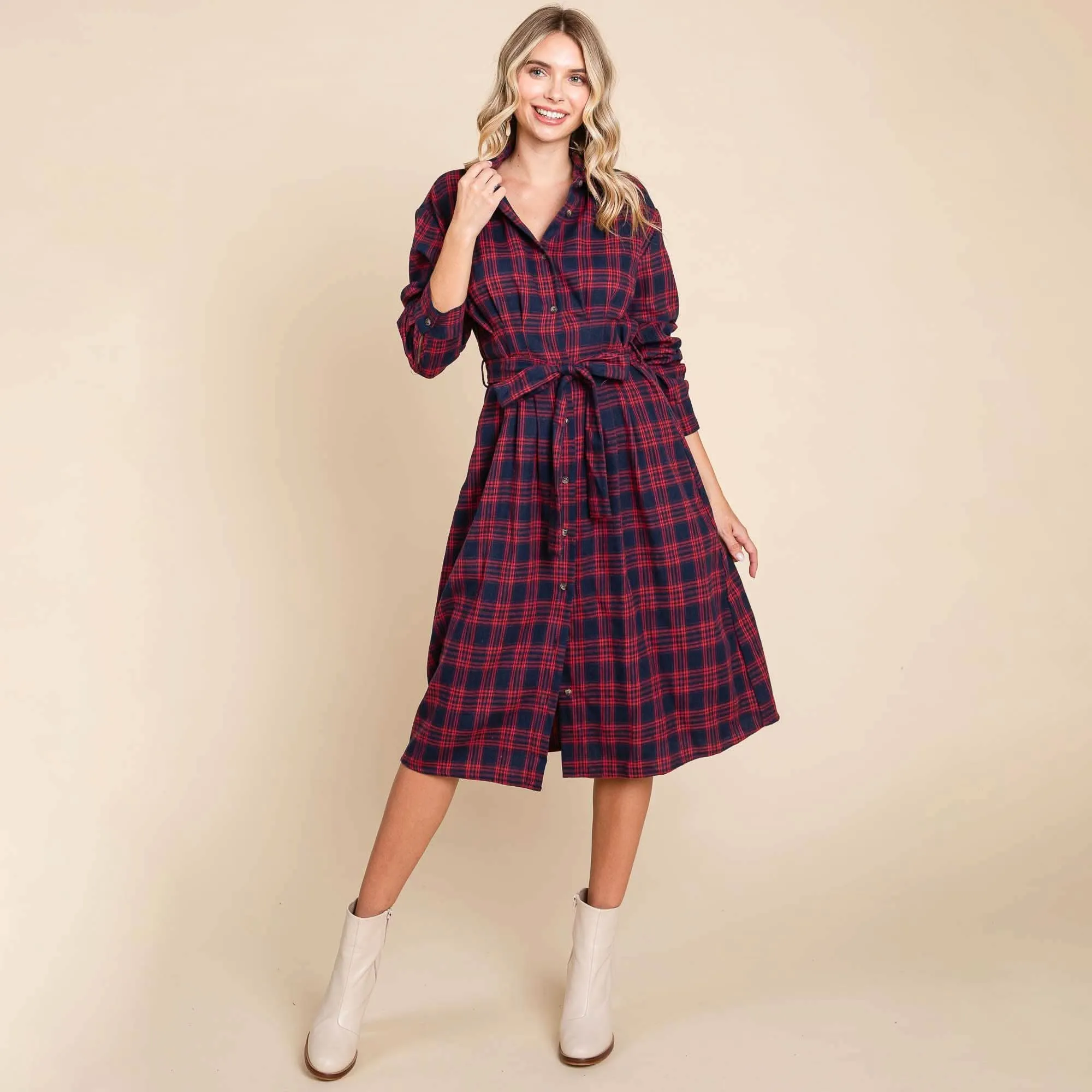 Red Long Sleeve Plaid Belted Flannel Shirt Dress