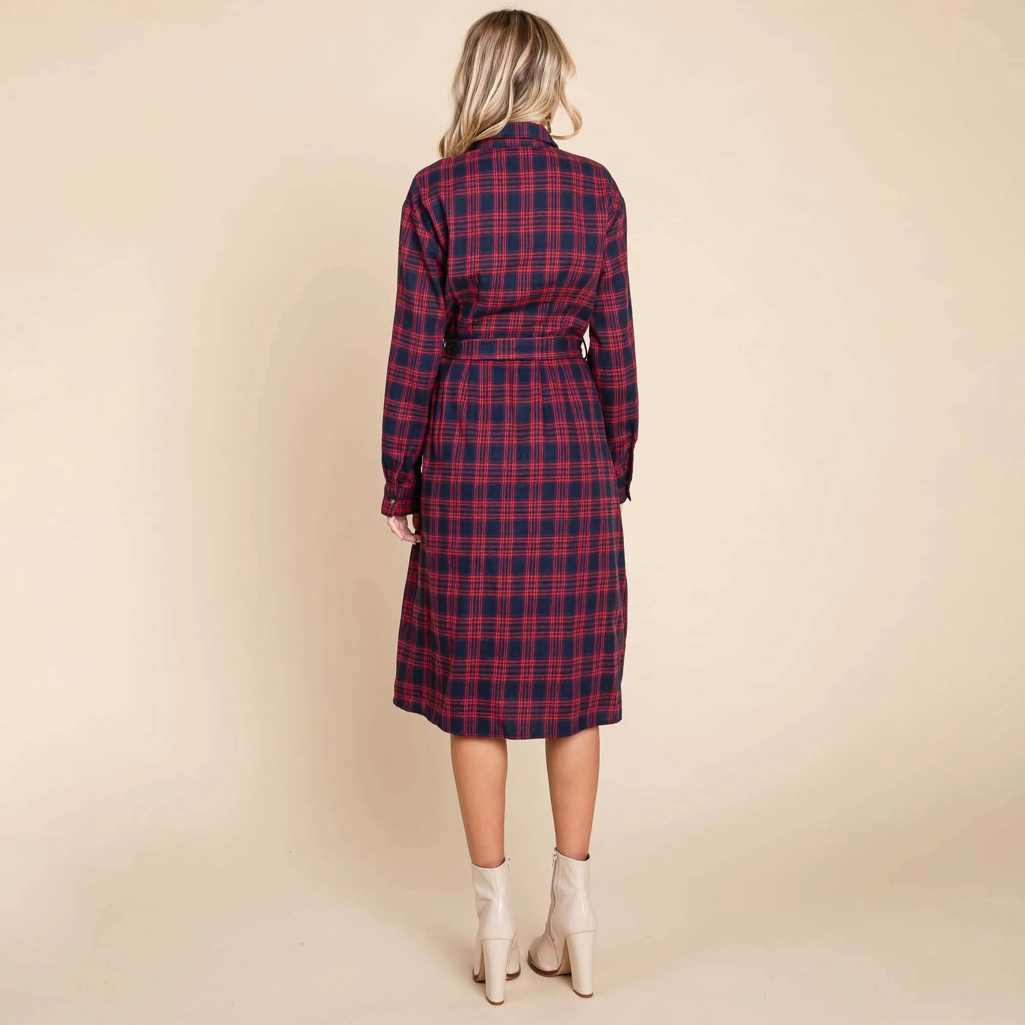 Red Long Sleeve Plaid Belted Flannel Shirt Dress