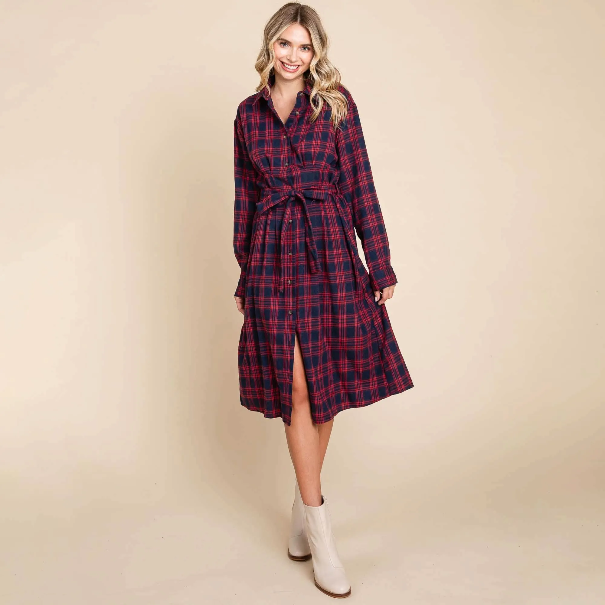 Red Long Sleeve Plaid Belted Flannel Shirt Dress