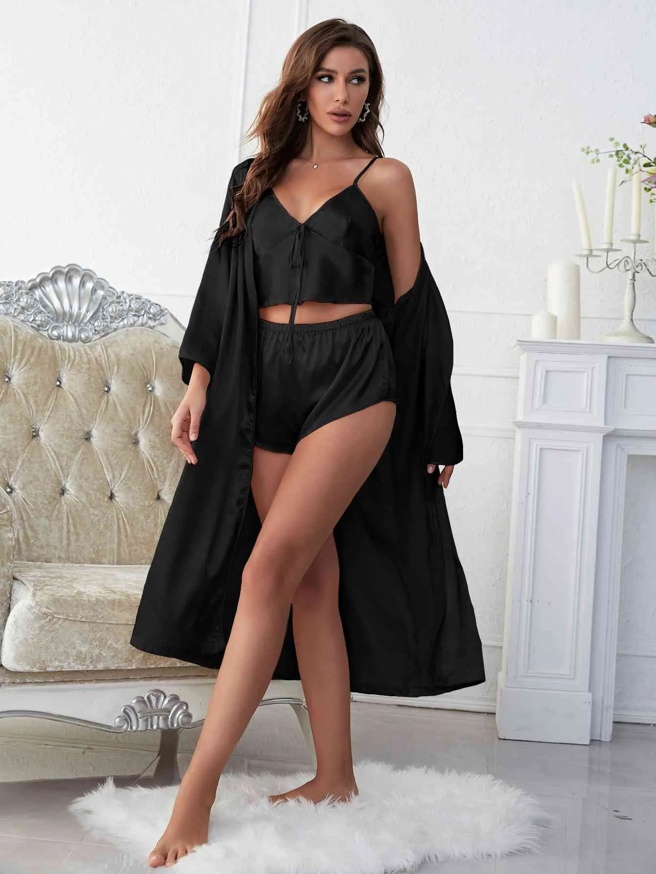 Satin V-Neck Cami, Shorts, and Belted Robe Pajama Set