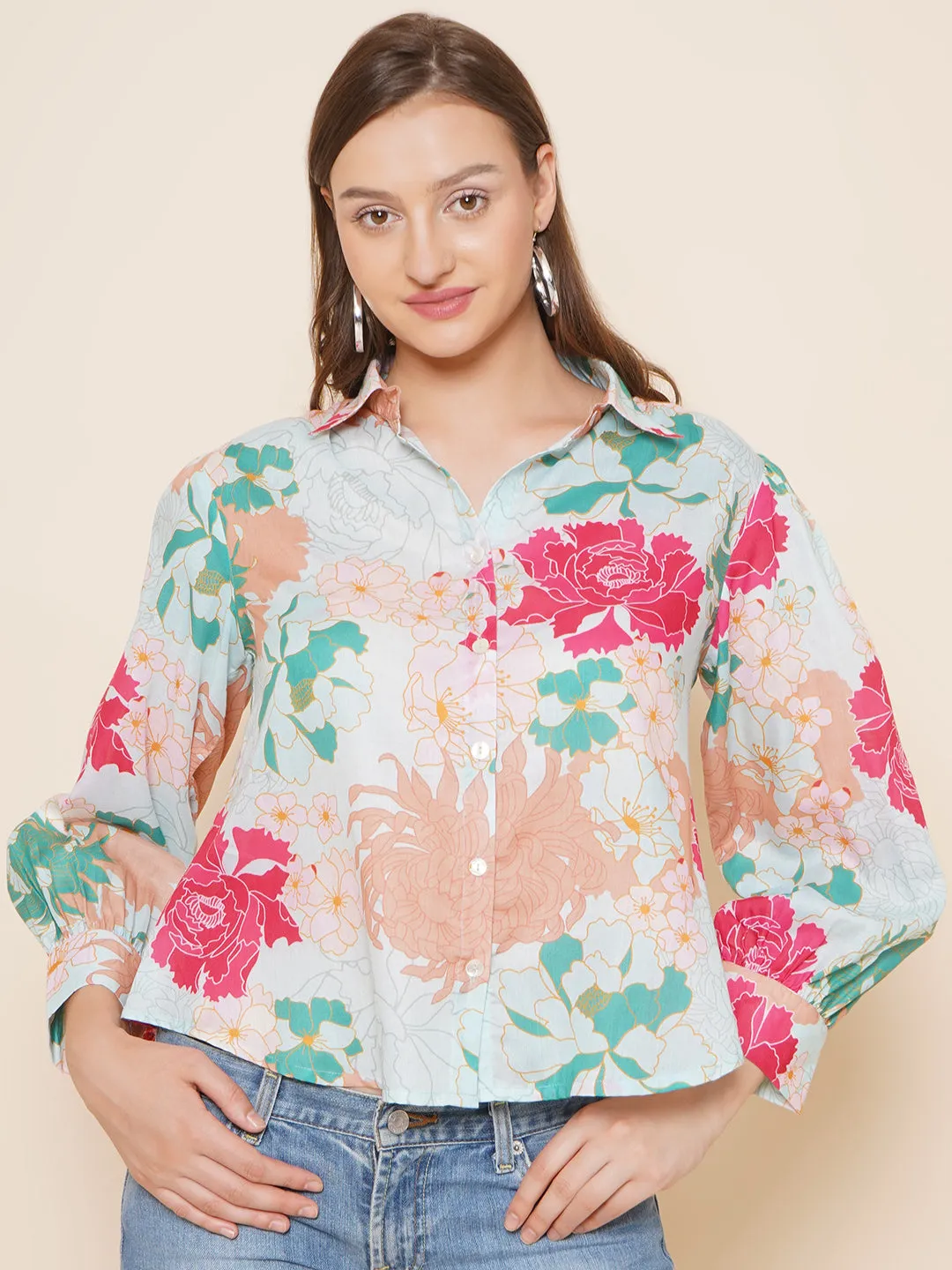 Sea Green Multi Printed Shirt Style Top