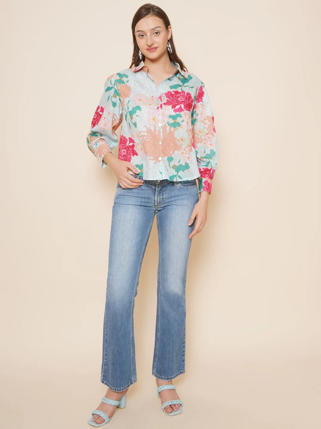 Sea Green Multi Printed Shirt Style Top