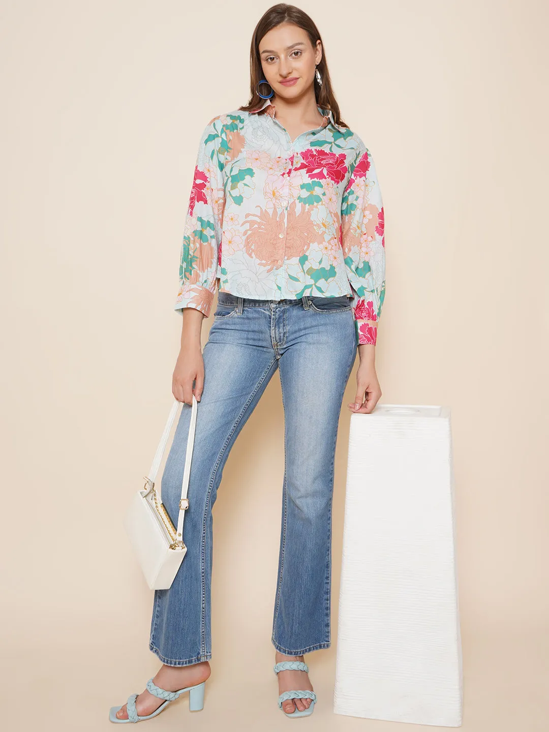 Sea Green Multi Printed Shirt Style Top