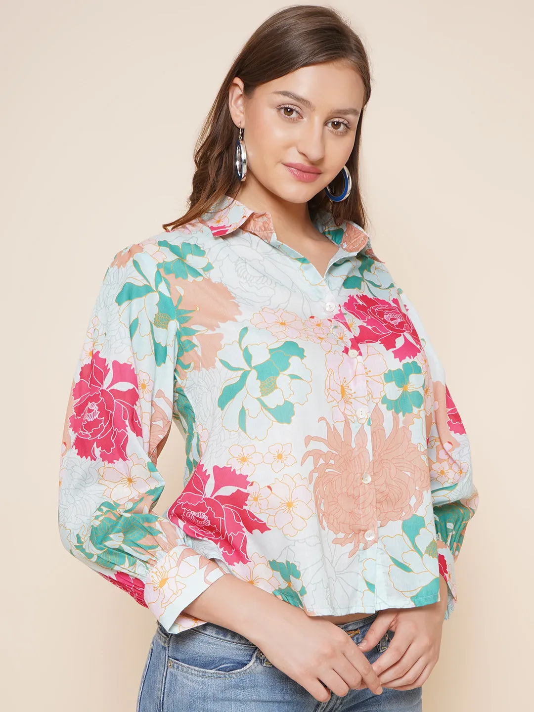 Sea Green Multi Printed Shirt Style Top