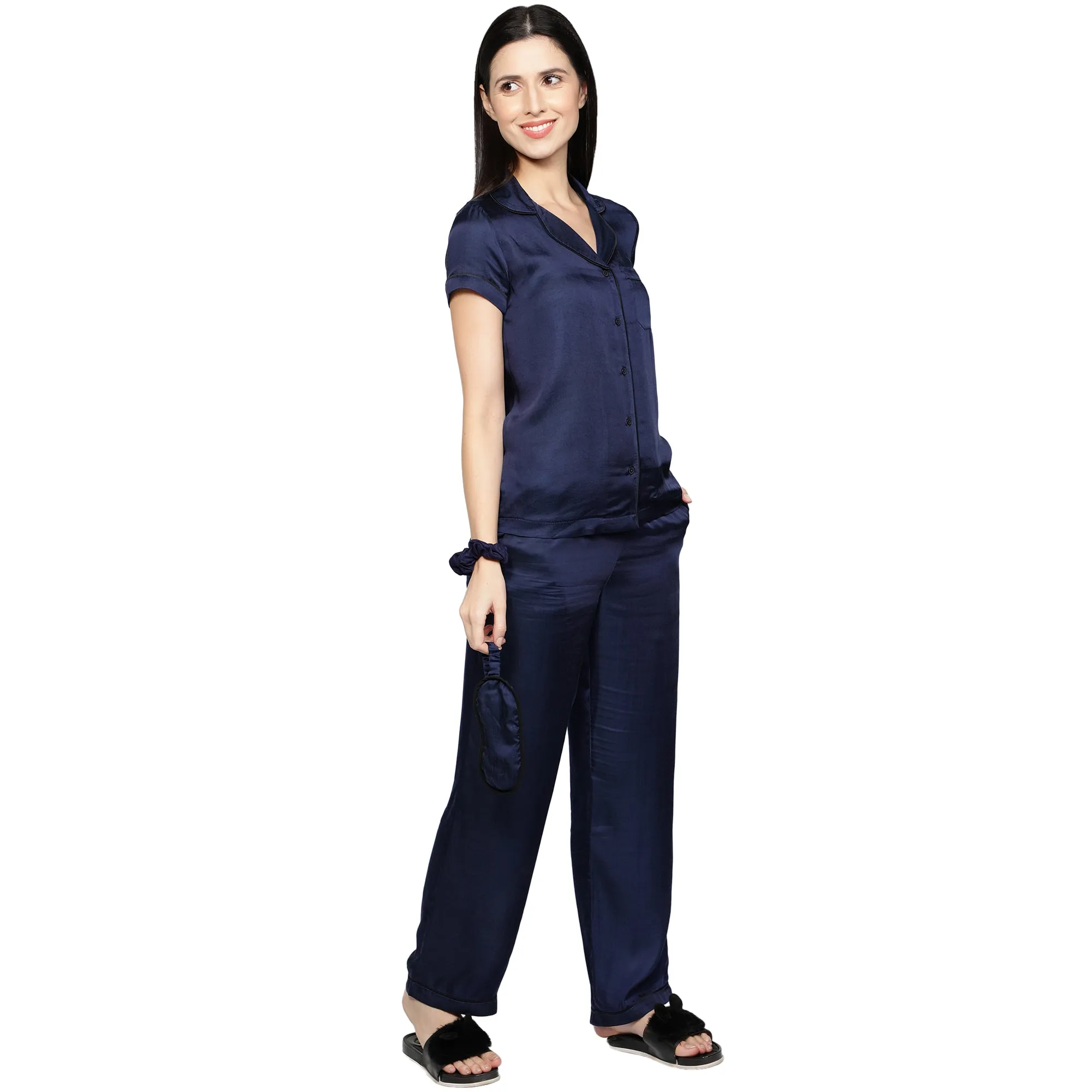 SLAY. Women's Nightwear Night Blue color Half Sleeve Button Up Shirt & Pajama Co-ord Set with matching Eye mask & Ruffle