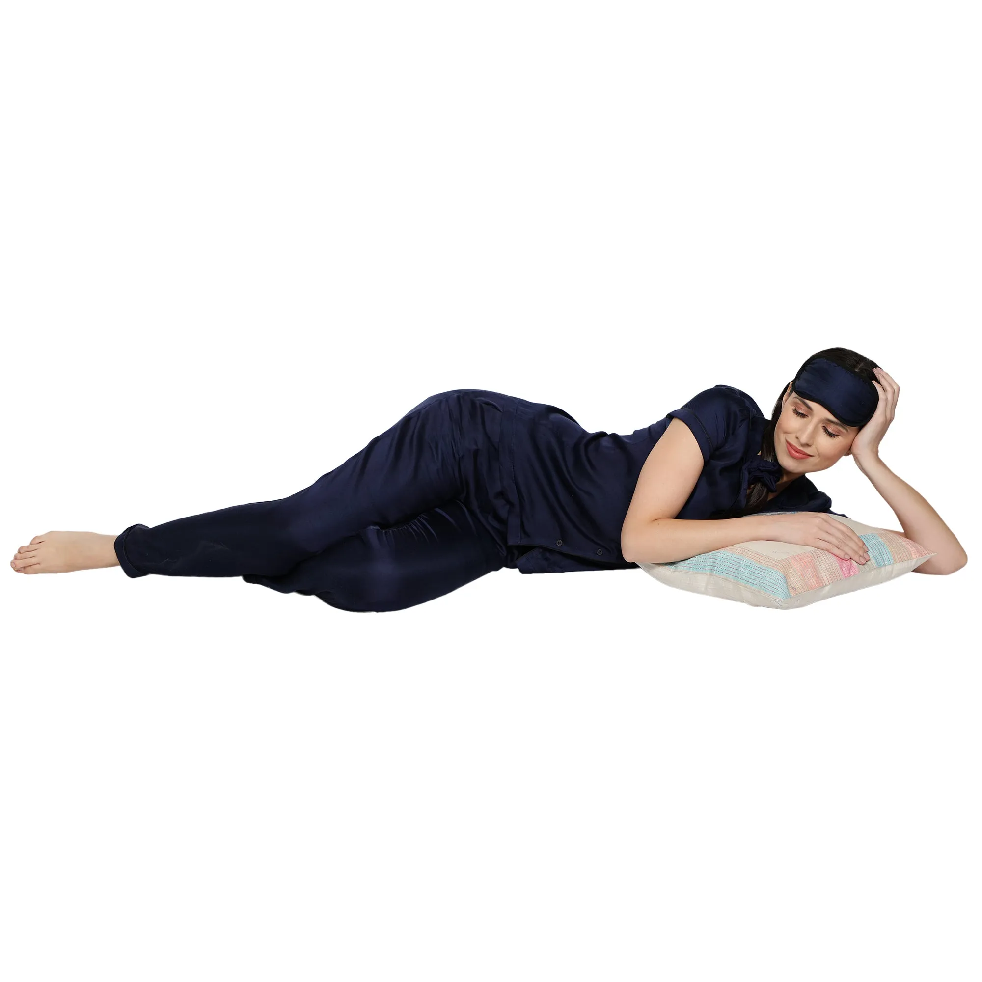 SLAY. Women's Nightwear Night Blue color Half Sleeve Button Up Shirt & Pajama Co-ord Set with matching Eye mask & Ruffle