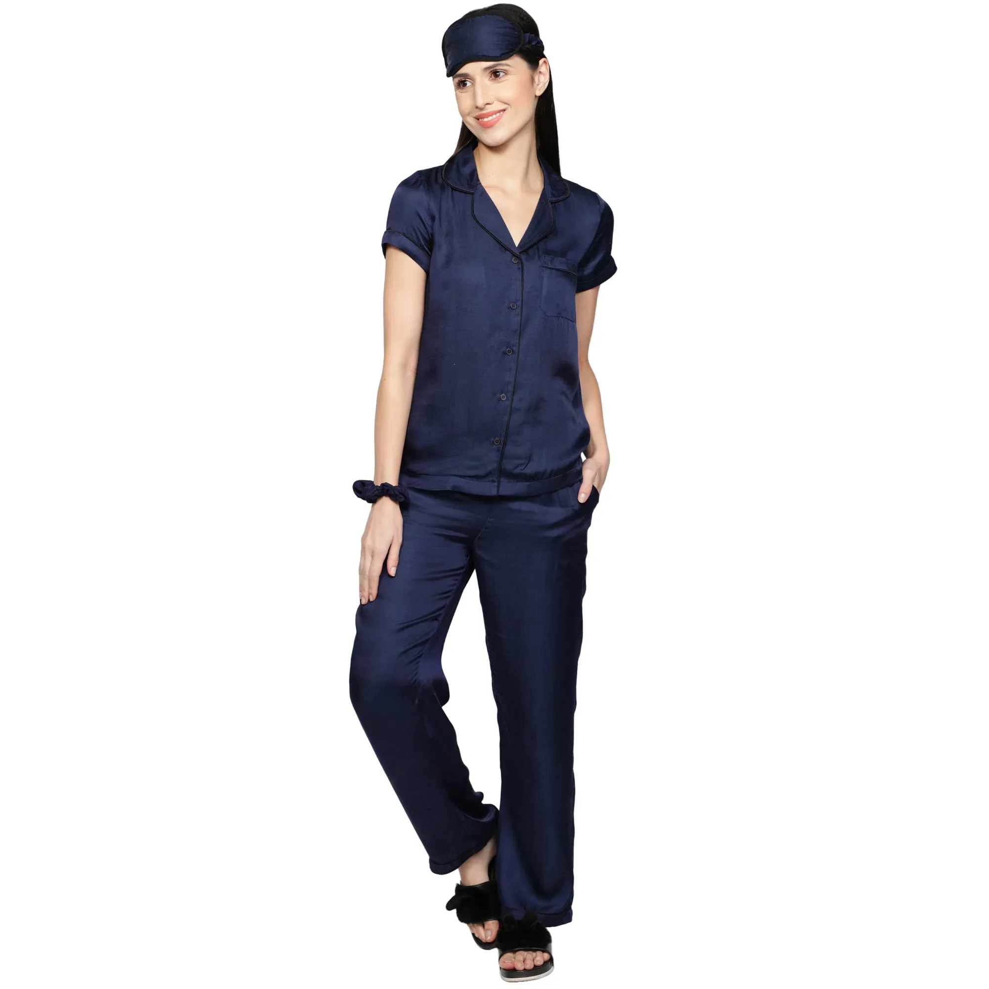 SLAY. Women's Nightwear Night Blue color Half Sleeve Button Up Shirt & Pajama Co-ord Set with matching Eye mask & Ruffle