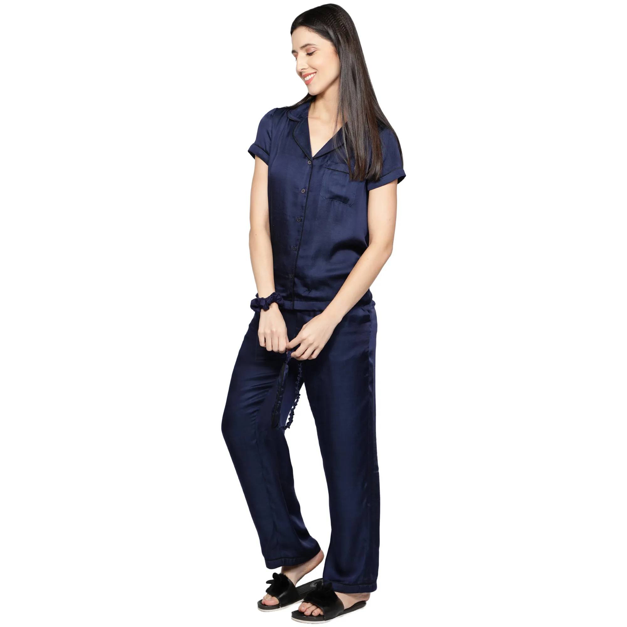 SLAY. Women's Nightwear Night Blue color Half Sleeve Button Up Shirt & Pajama Co-ord Set with matching Eye mask & Ruffle