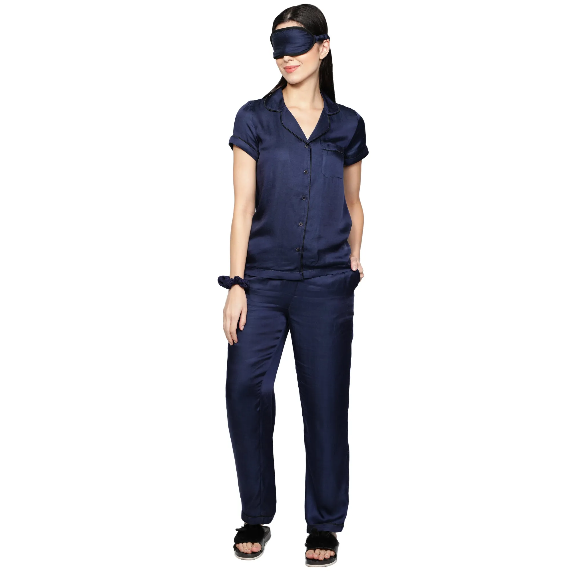 SLAY. Women's Nightwear Night Blue color Half Sleeve Button Up Shirt & Pajama Co-ord Set with matching Eye mask & Ruffle