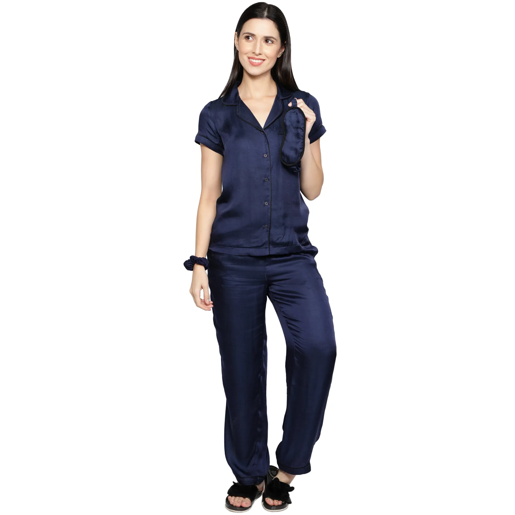 SLAY. Women's Nightwear Night Blue color Half Sleeve Button Up Shirt & Pajama Co-ord Set with matching Eye mask & Ruffle