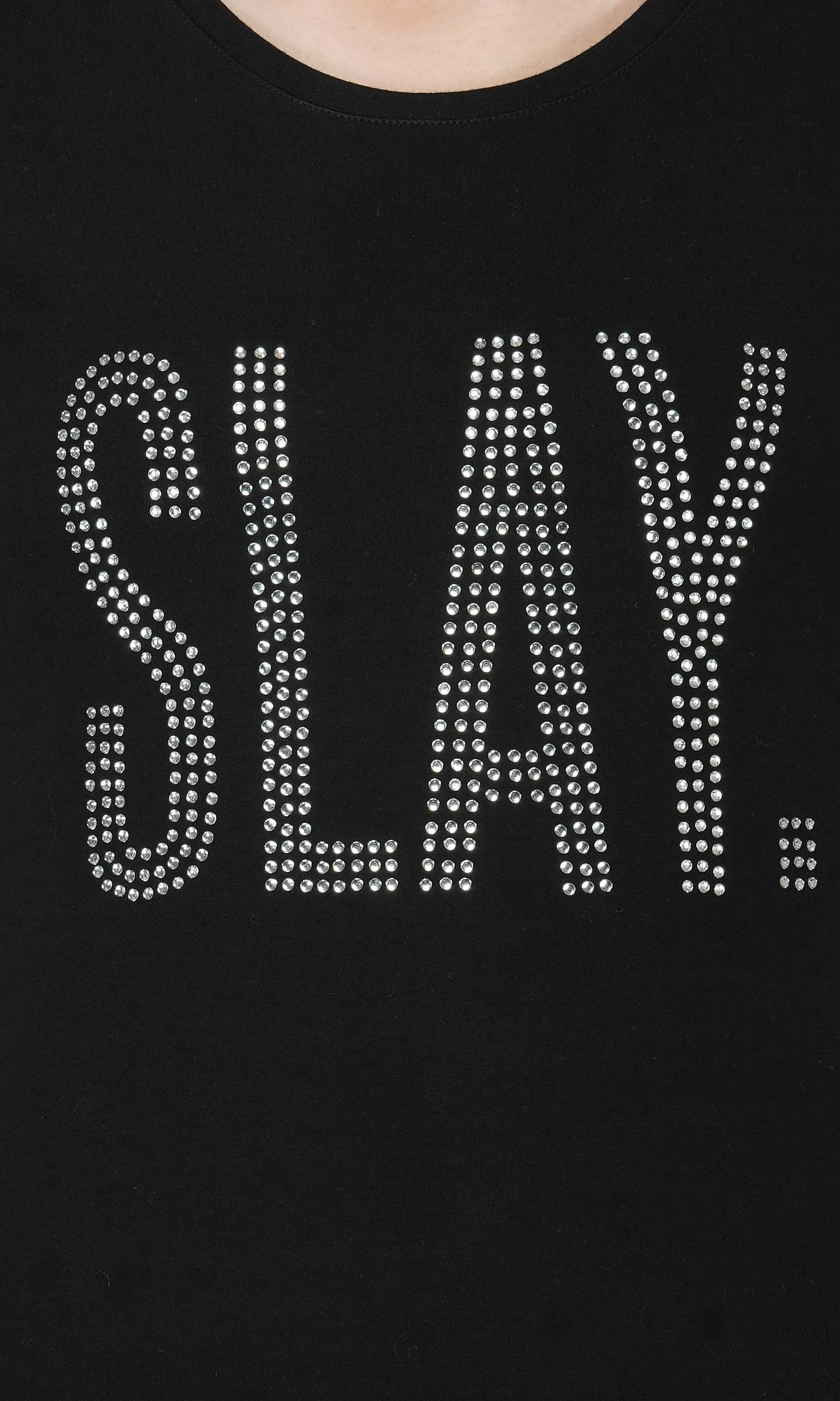 SLAY. Women's Silver Crystal Embellished SlimFit Black T-shirt