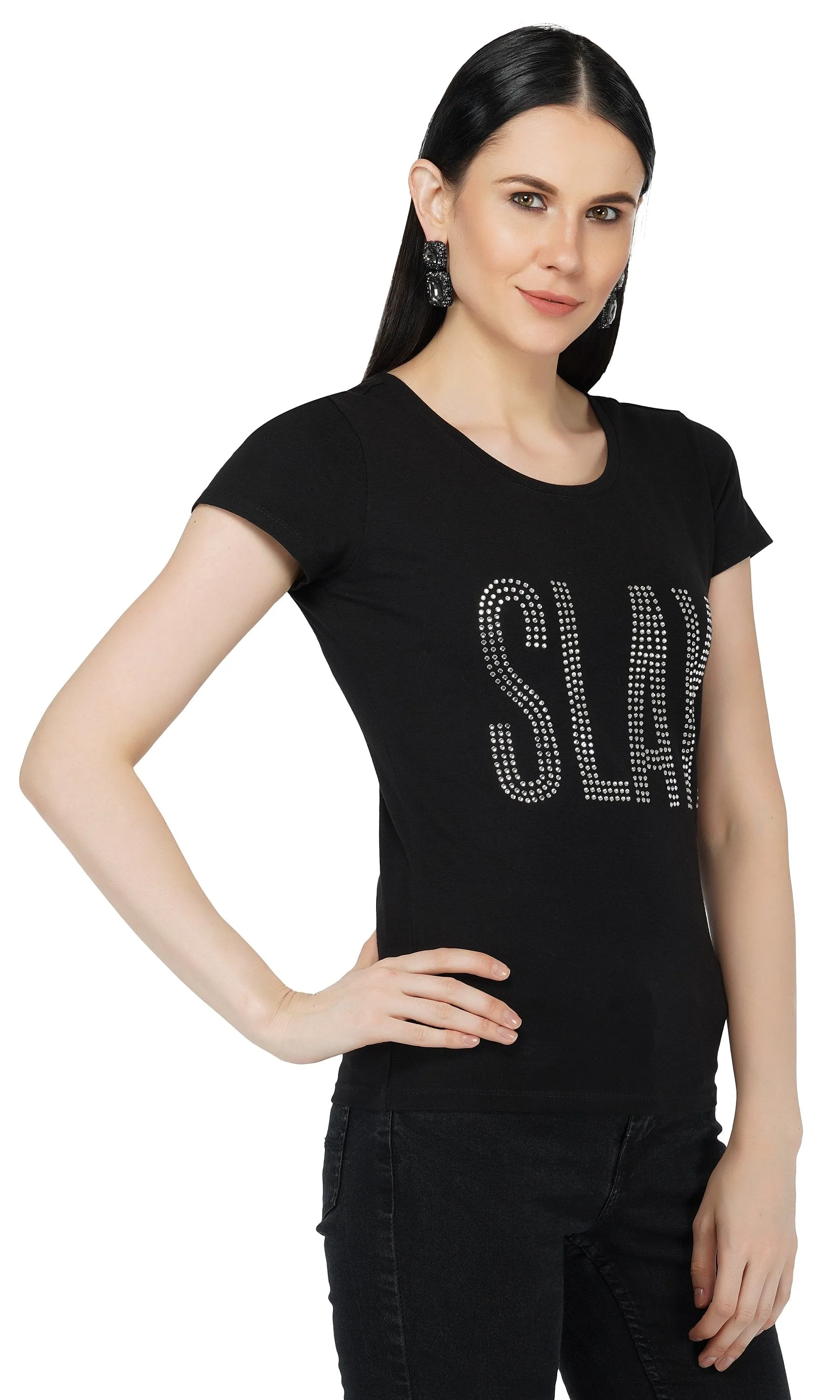 SLAY. Women's Silver Crystal Embellished SlimFit Black T-shirt