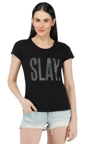 SLAY. Women's Silver Crystal Embellished SlimFit Black T-shirt