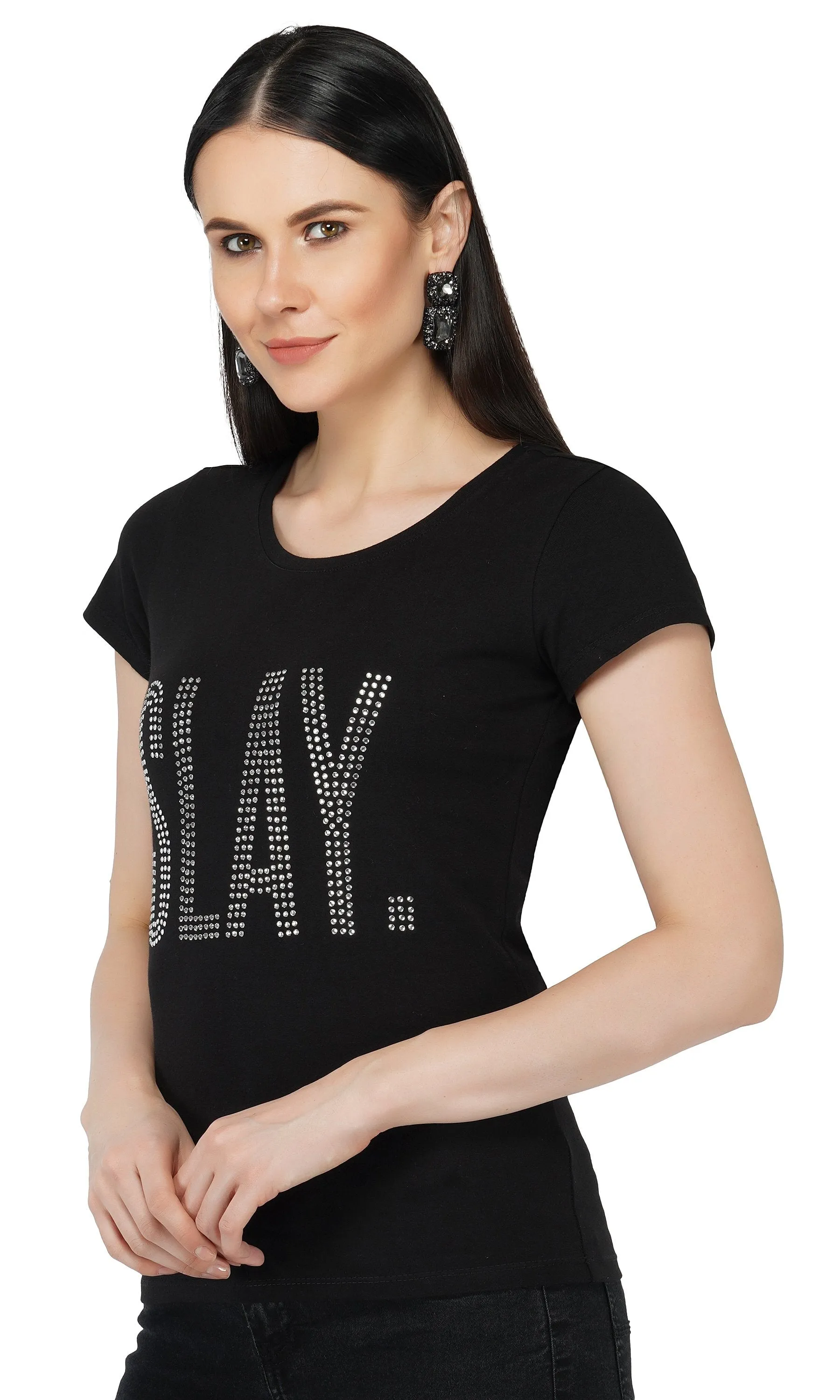 SLAY. Women's Silver Crystal Embellished SlimFit Black T-shirt