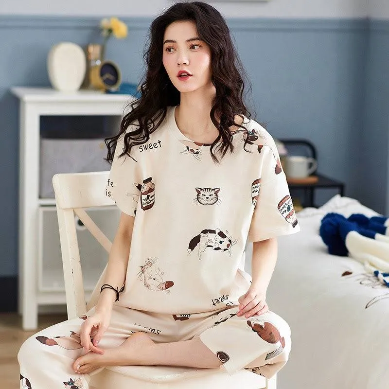 Sleep Wear 100% Soft Cotton Cat Print Pajama Set Lounge wear M L XL XXL 3XL