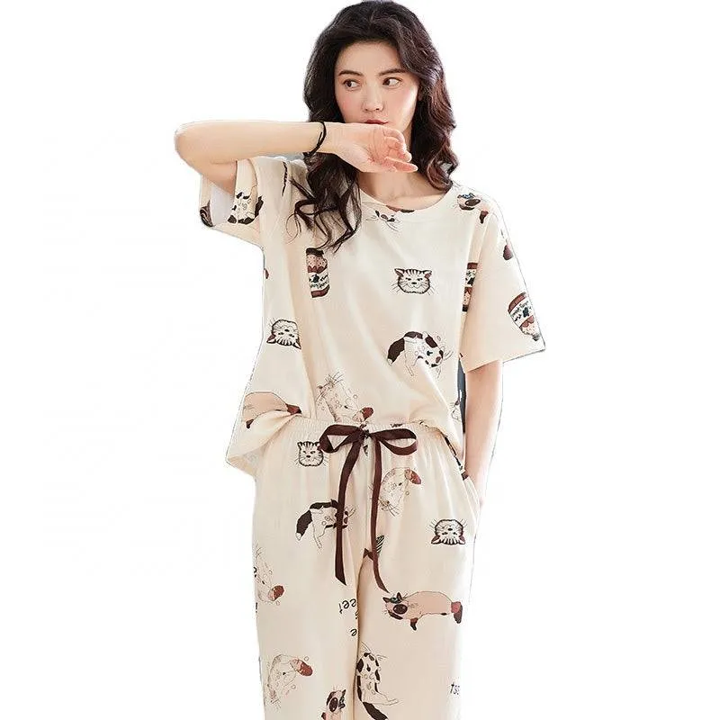 Sleep Wear 100% Soft Cotton Cat Print Pajama Set Lounge wear M L XL XXL 3XL