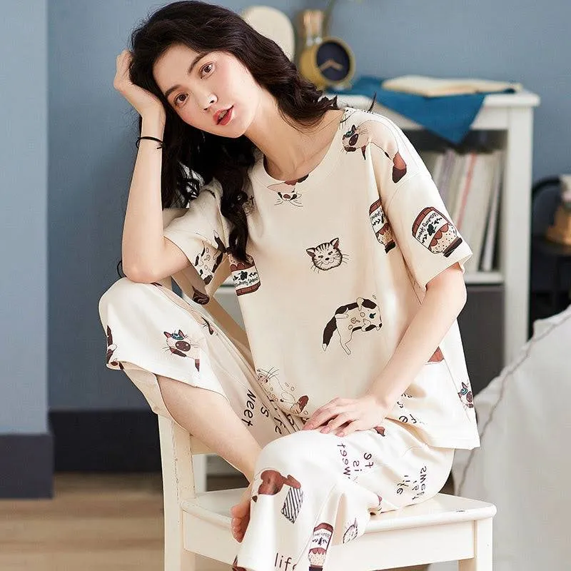 Sleep Wear 100% Soft Cotton Cat Print Pajama Set Lounge wear M L XL XXL 3XL