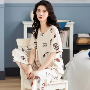 Sleep Wear 100% Soft Cotton Cat Print Pajama Set Lounge wear M L XL XXL 3XL