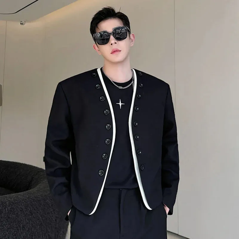 Spring Trendy Men Jacket Fashion Personalized Collarless Fake Two Piece Contrast Color Design Korean Top 9C5119