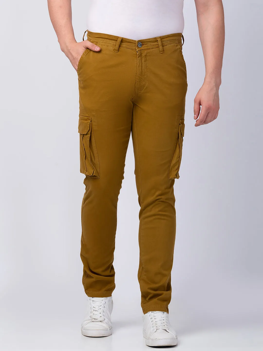 Spykar Men Camel Khaki Cotton Slim Fit Ankle Length Trouser Cargo Trouser