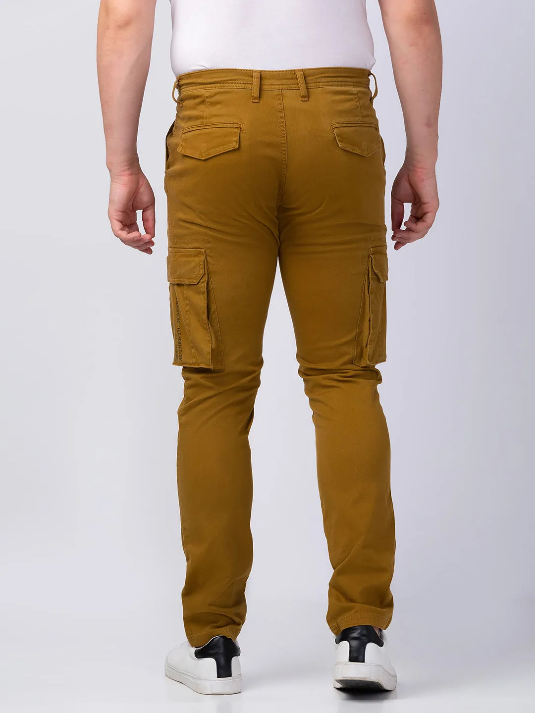 Spykar Men Camel Khaki Cotton Slim Fit Ankle Length Trouser Cargo Trouser