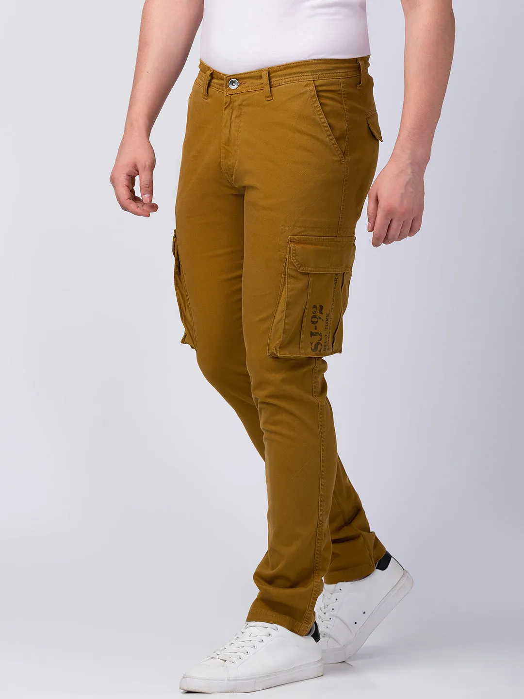 Spykar Men Camel Khaki Cotton Slim Fit Ankle Length Trouser Cargo Trouser