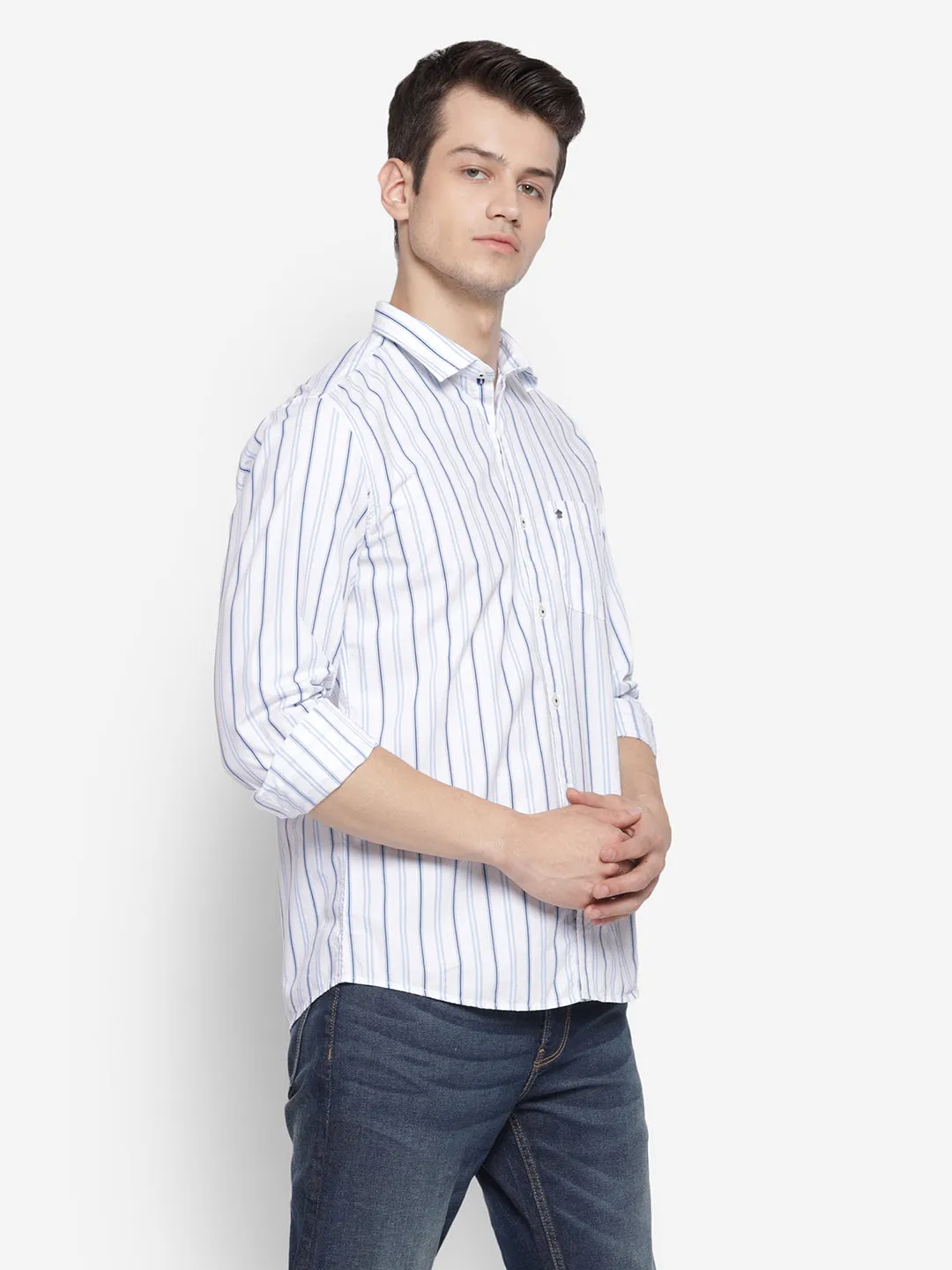 Stiped White Slim Fit Casual Shirt