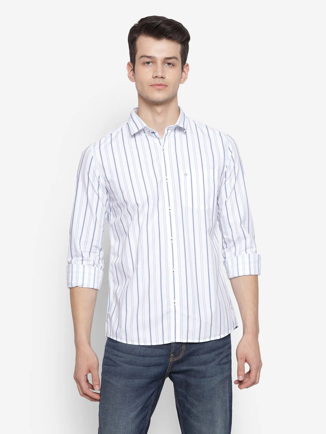 Stiped White Slim Fit Casual Shirt