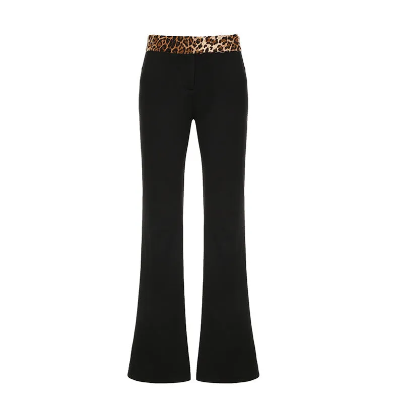 Toleet 2000s fashion American Street Cool Girl Style Personalized Leopard Print Stitching Waist Flared Pants Low Waist Slimming Woven Casual Trousers