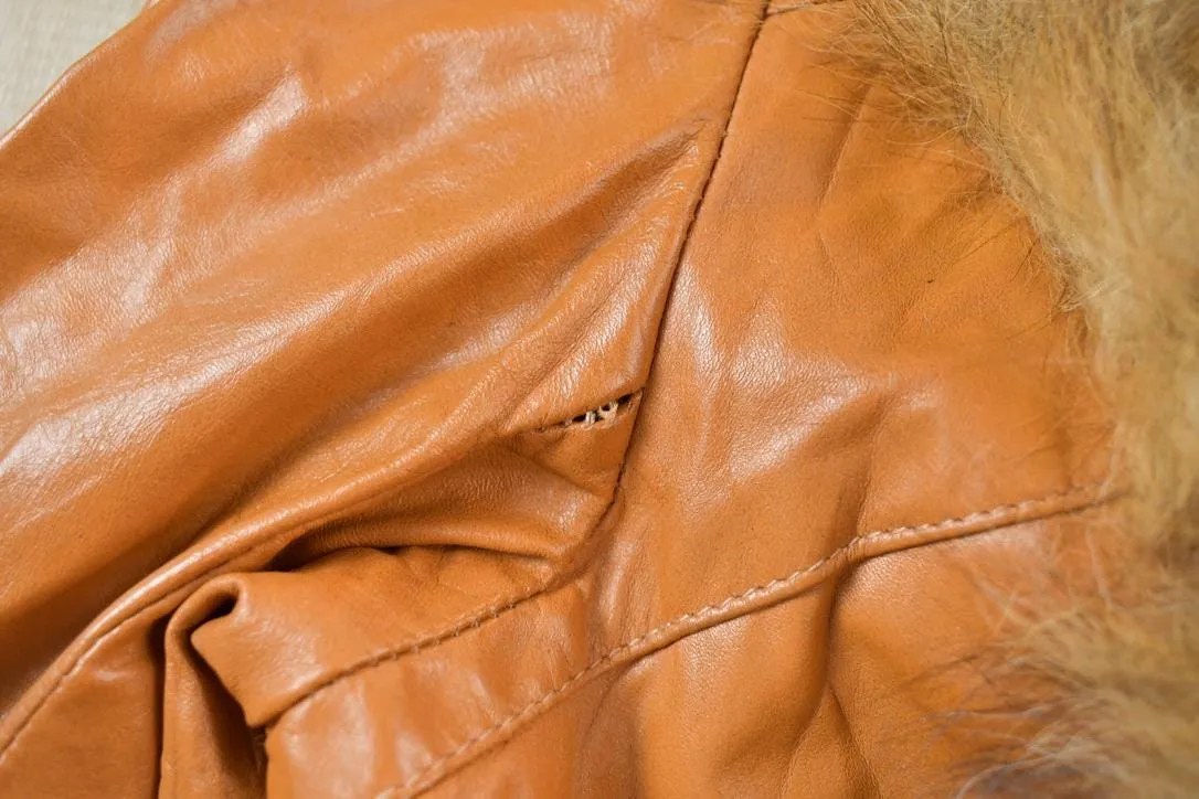 Vintage 1970s Genuine Leather Fox Fur Collar Trench Coat