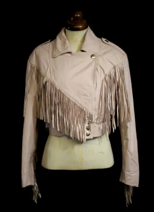 Vintage 1980s Baby Pink Fringed Leather Biker Jacket