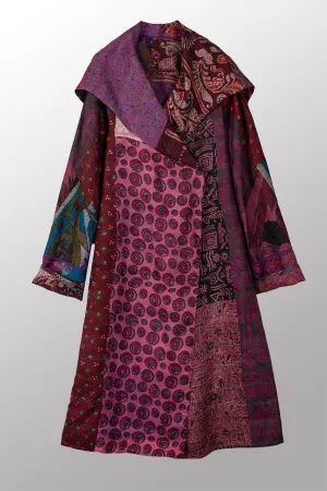 VINTAGE SILK KANTHA HOODED A-LINE LONG COAT - sv2306-0001a -