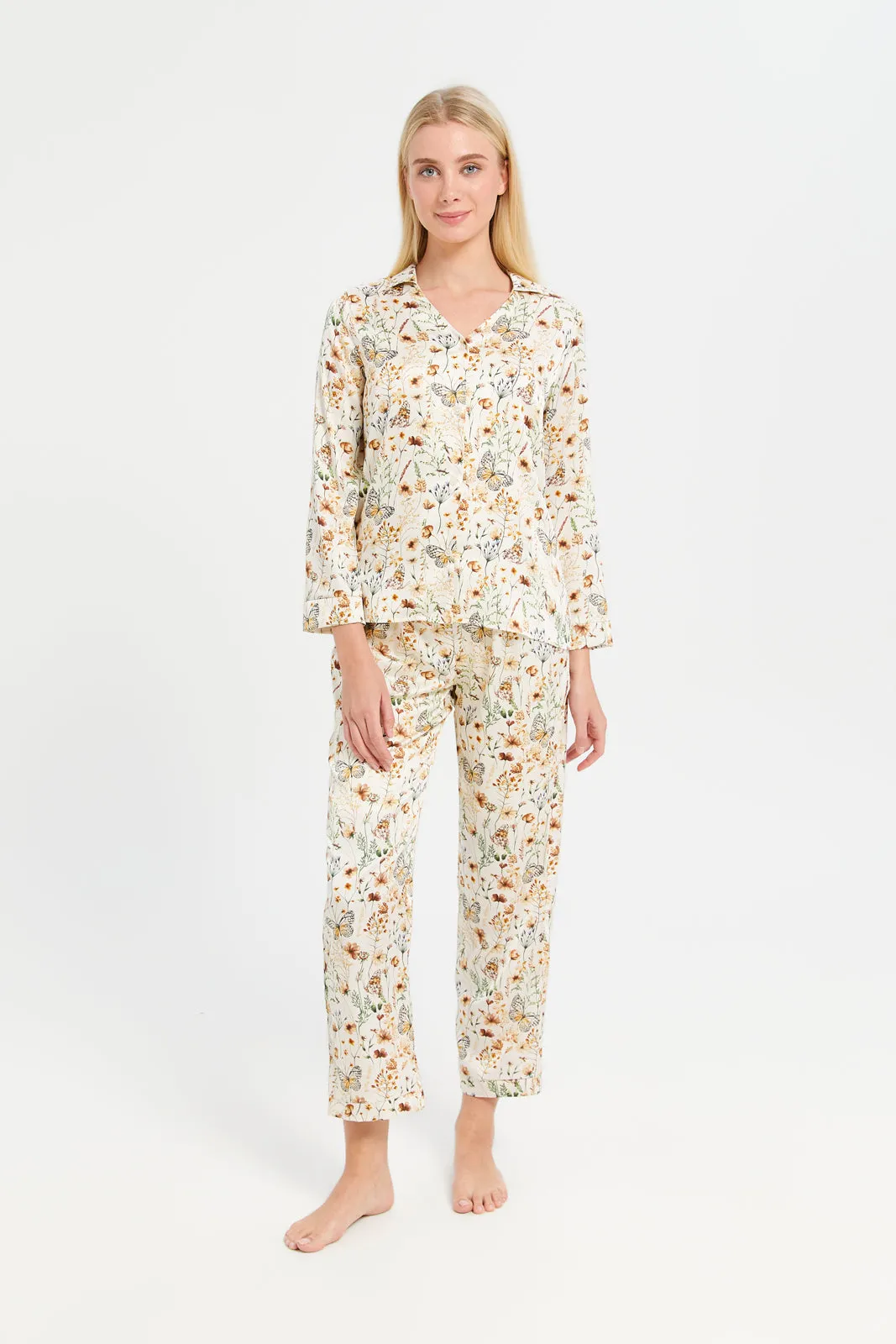 Women Ivory Floral Satin Classic Pyjama Set (2 Piece)