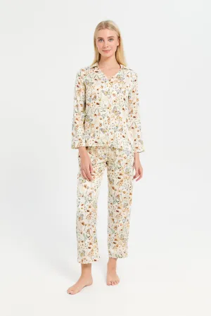 Women Ivory Floral Satin Classic Pyjama Set (2 Piece)